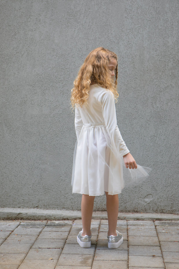 שמלת טול לילדה ולרי לבן שרוול ארוך