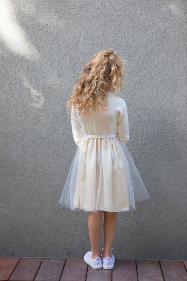 שמלה לילדה ולרי טול לבן שרוול ארוך